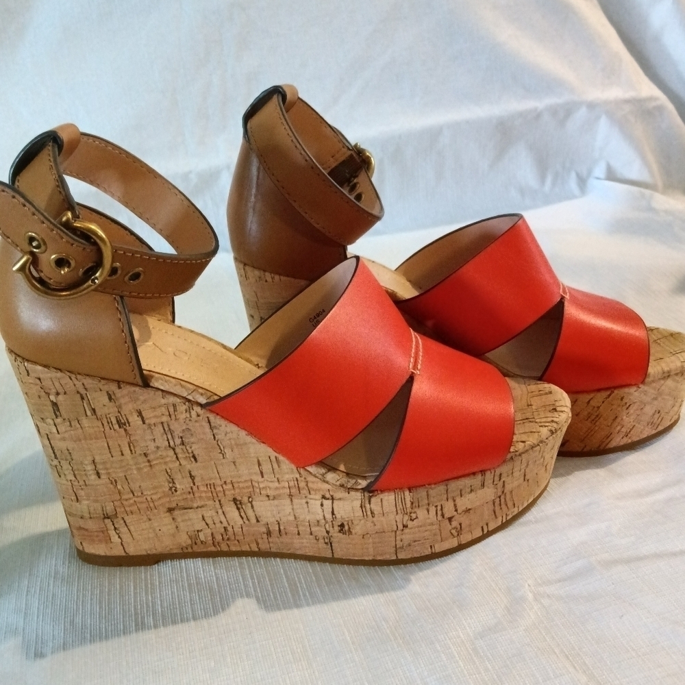 COACH Isla Wedge Heel Sandal Geranium Orange Leather Size 7